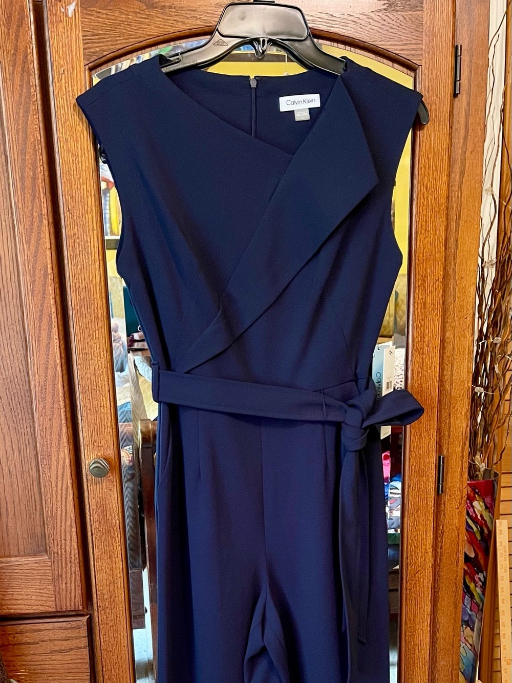 Calvin Klein Navy Sleeveless Wrap-Front Jumpsuit with Tie Waist